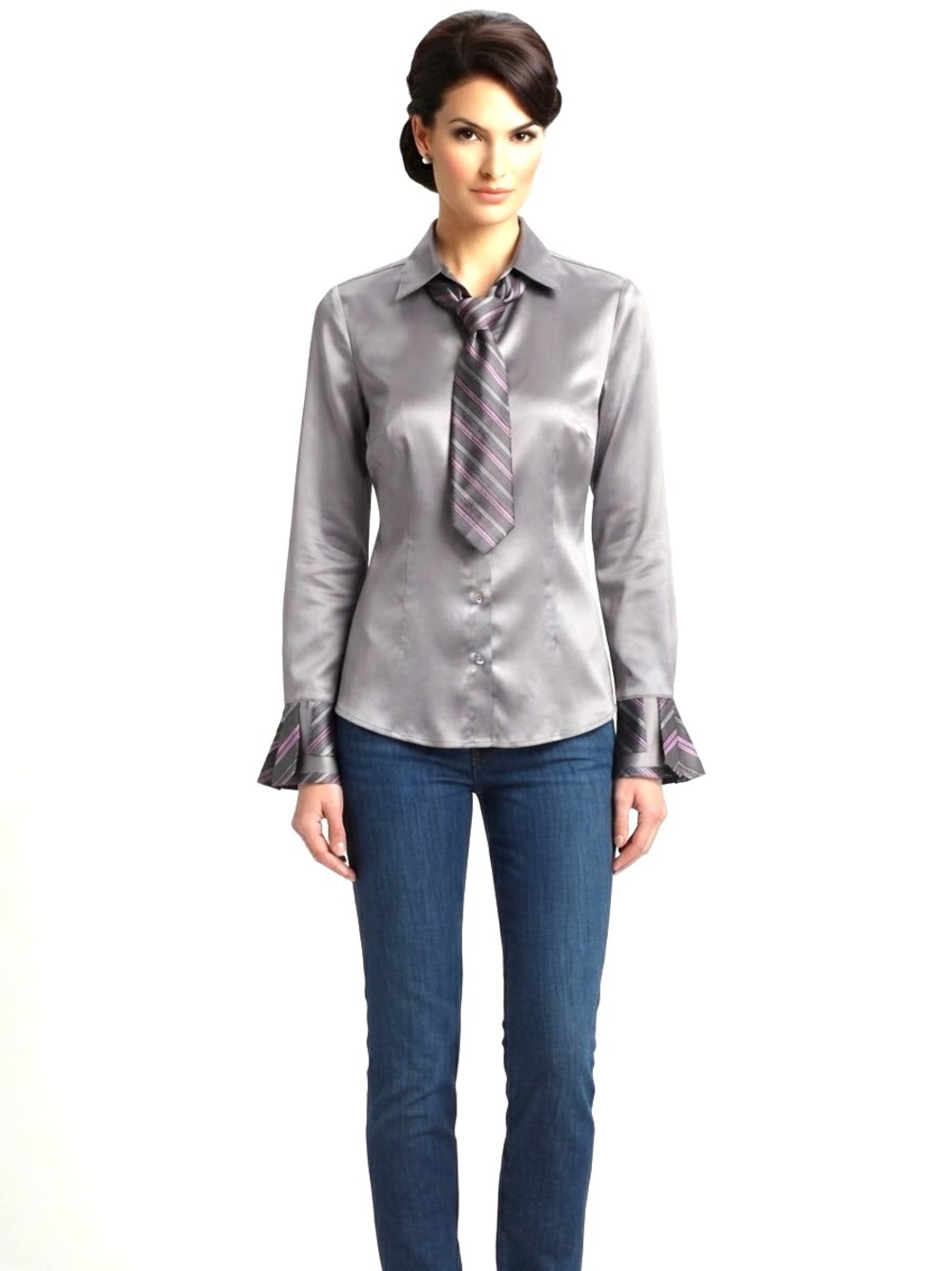 Women's Silver Satin Button-Front Shirt with Striped Tie and Cuff Detail